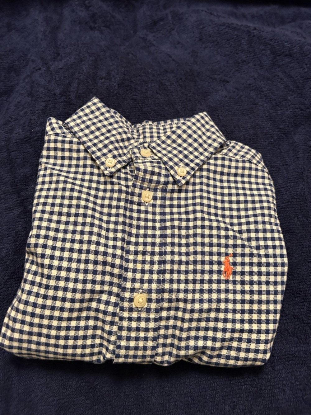 Ralph Lauren Navy & White Gingham Button-Down Shirt with Orange Pony